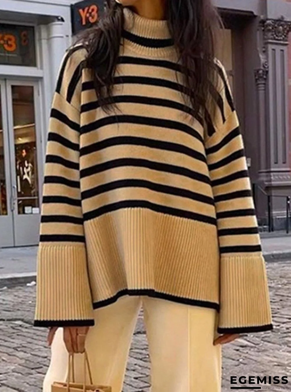 Fall/Winter Turtleneck Striped Slit Knitted Sweater | EGEMISS