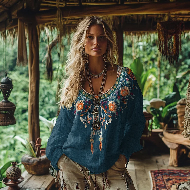 Vintage Bohemian Floral Embroidery Linen Blend Shirt