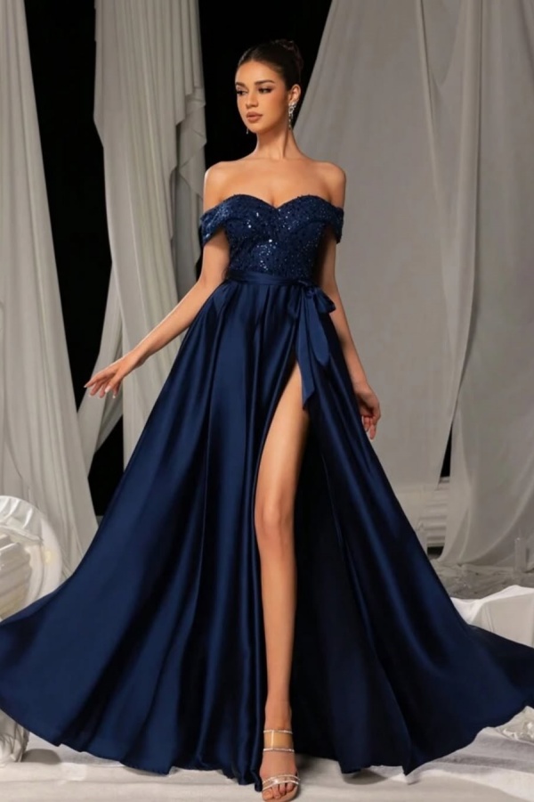 Sequins Dark Navy Off-The-Shoulder Split Evening Dress | ZT0352