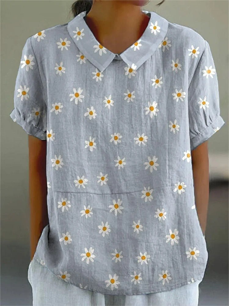 Sweet Petite Daisy Pattern Printed Women's Casual Cotton And Linen Shirt