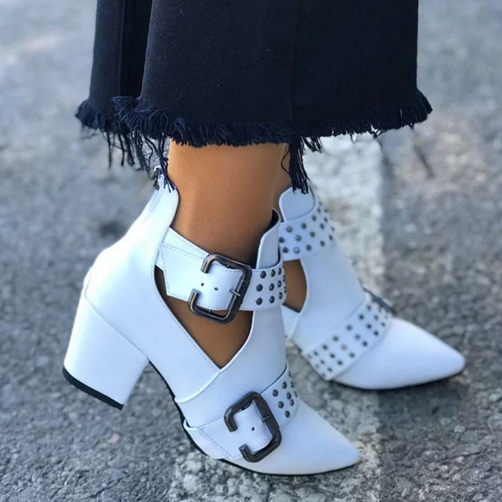 Autumn Women's Boots Vintage Leather Pointed Toe Rome Ankle Boots Buckle Zipper Casual Single Shoes Female Rivet Short Boots
