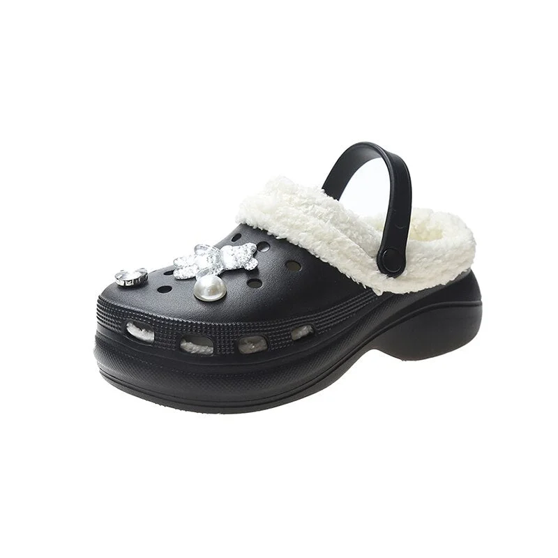 PVC Flats Flip Flops Women 2021 New Winter Crystal Shallow Home Cotton Shoes Designer Casual Warm Hollow Short Plush Slippers