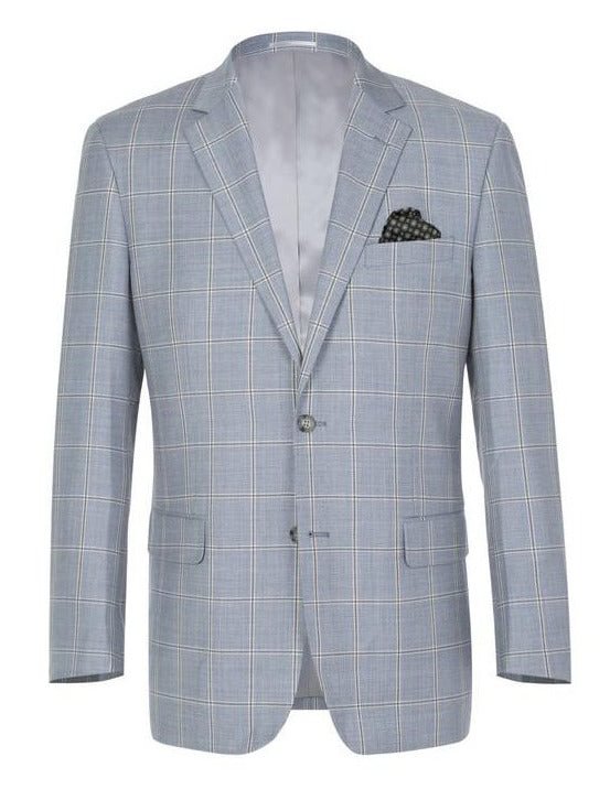 (44L) Wool Windowpane Pattern Regular Fit 2 Button Blazer in Stone Blue