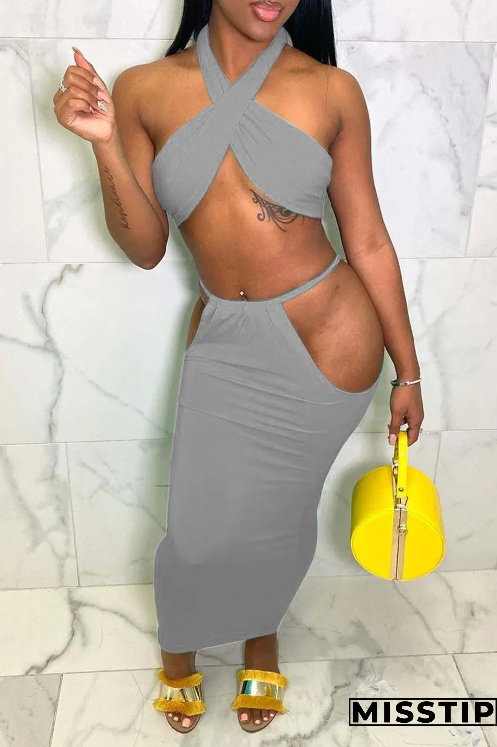 Blue Sexy Solid Hollowed Out Backless Halter Sleeveless Two Pieces