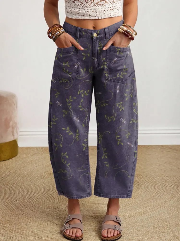 Women's Vintage Floral Pattern Art Print Jeans