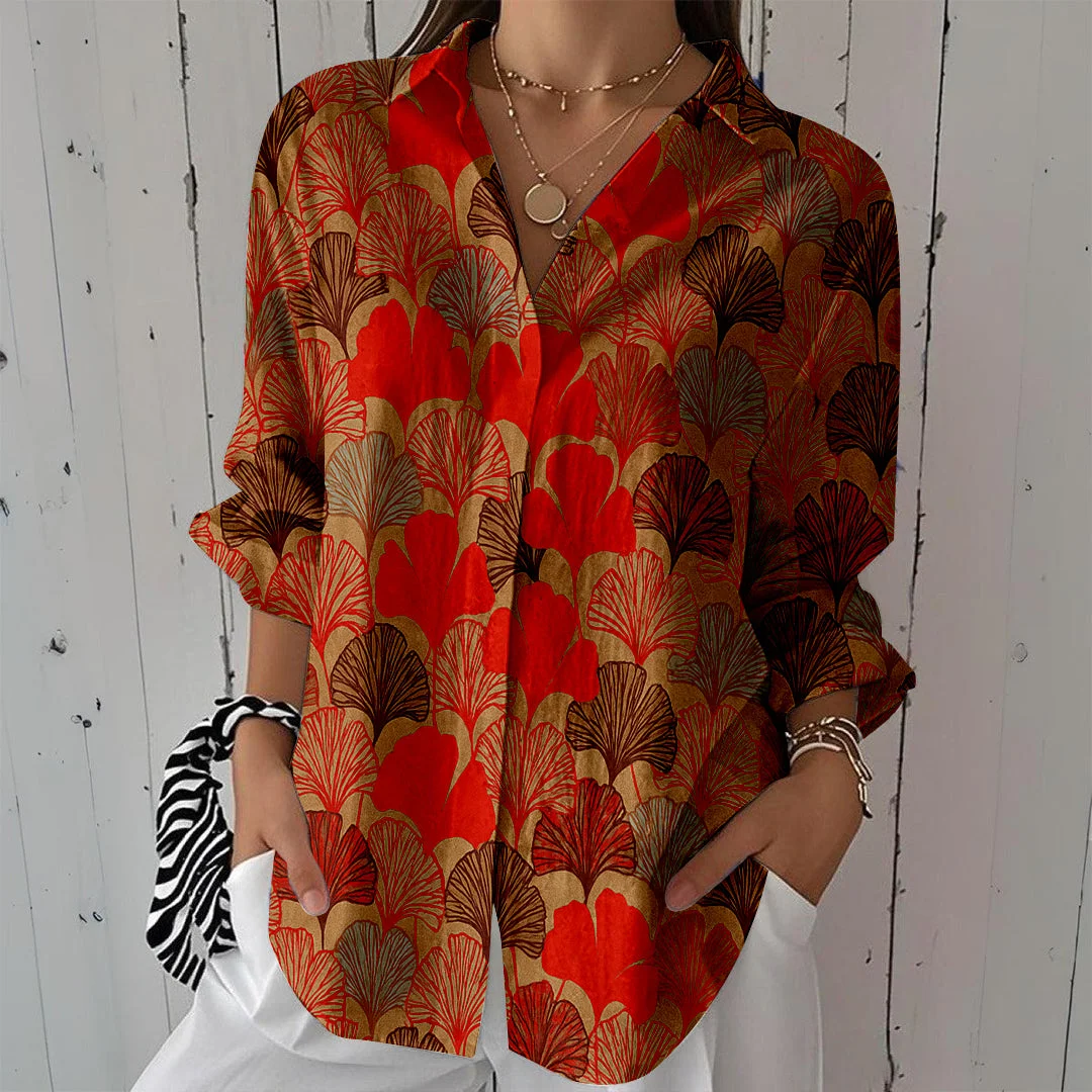 Style & Comfort for Mature Women Women Leaves, Red, Orange DZCL0165 3/4 Sleeve Shirt Collar Printed Button Tops
