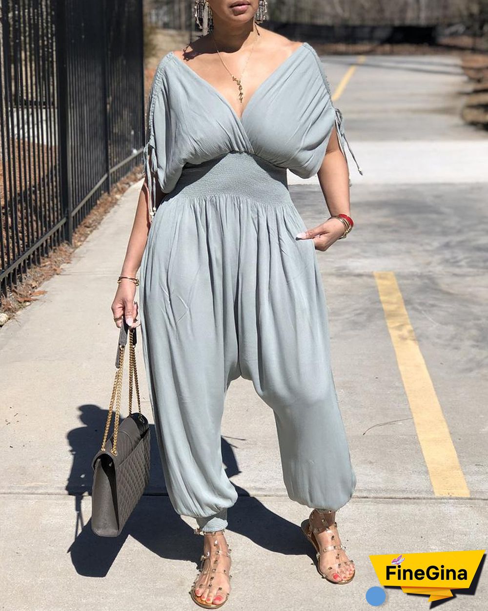Drawstring Ruched Shirring Waist Jumpsuit
