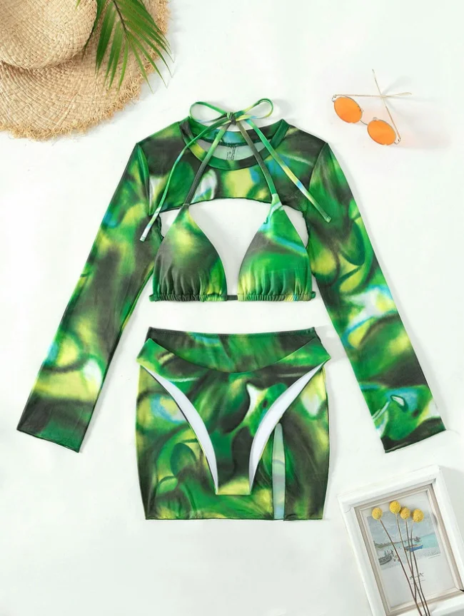 Uveng 2025 New Bikin Bikin Tie Dye Four-Piece Split Swimsuit Woman