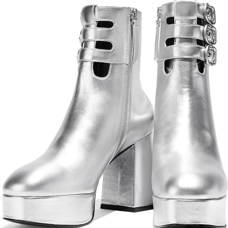 Silver Buckle Boots Metallic Round Toe Chunky Heel Platform Boots |FSJ Shoes