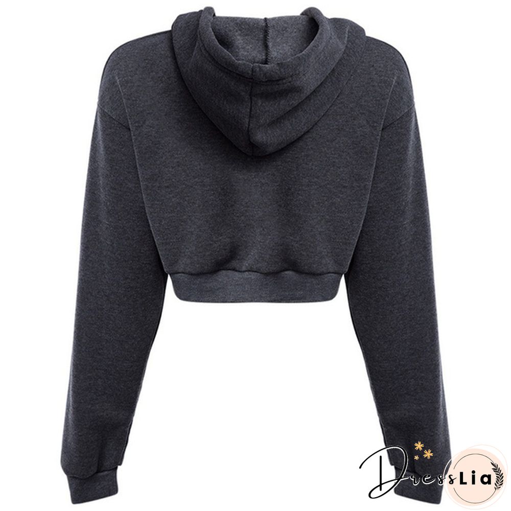 Fashion Womens Sexy Casual Cotton Plain Stitching Long Sleeve Hooded Short Sweatshirt Crop