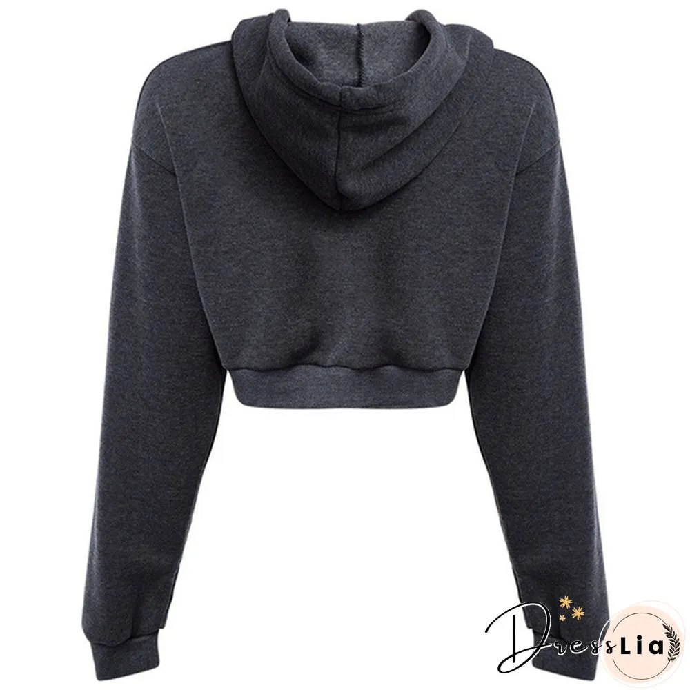 Fashion Womens Sexy Casual Cotton Plain Stitching Long Sleeve Hooded Short Sweatshirt Crop