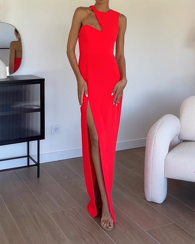 Round Neck Solid Color Slit Dress