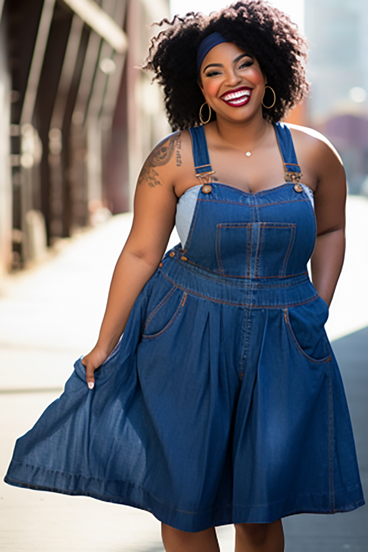 Plus size blue hot sale jean overall dress