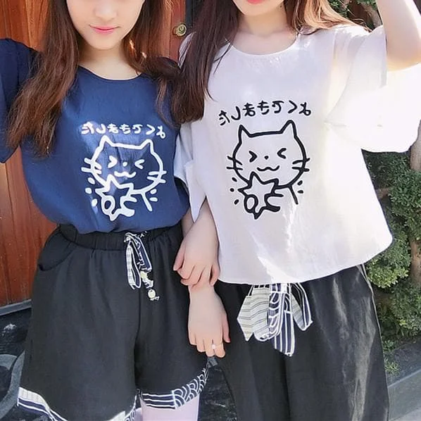 White/Navy Kawaii Cat Loose Shirt SP1710487
