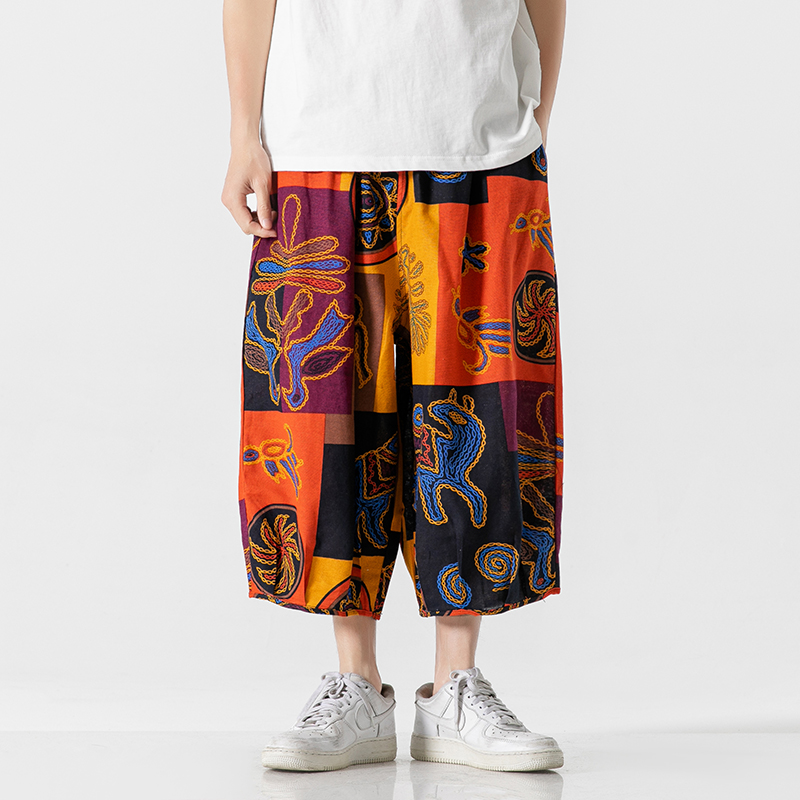 2025 Summer Men Flowers Harem Pants Men Joggers Chinese Style Calf-Length Casual Hanging Crotch Pants Male Capris Trousers