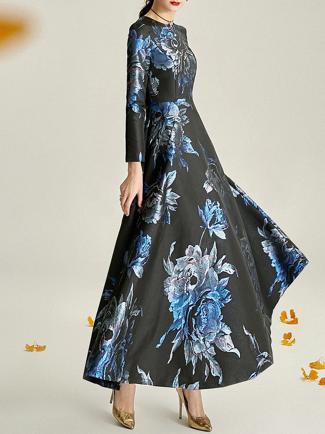 Black-Blue A-Line  Cocktail Party & Evening Floral Maxi Dresses