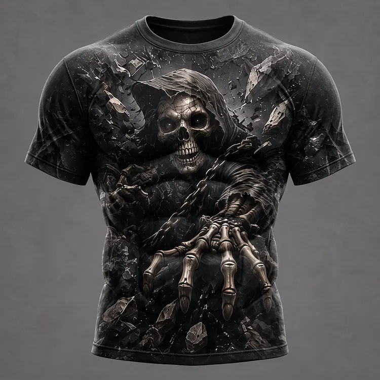 Men's Vintage Halloween Skull Print Crew Neck Short Sleeve T-shirt