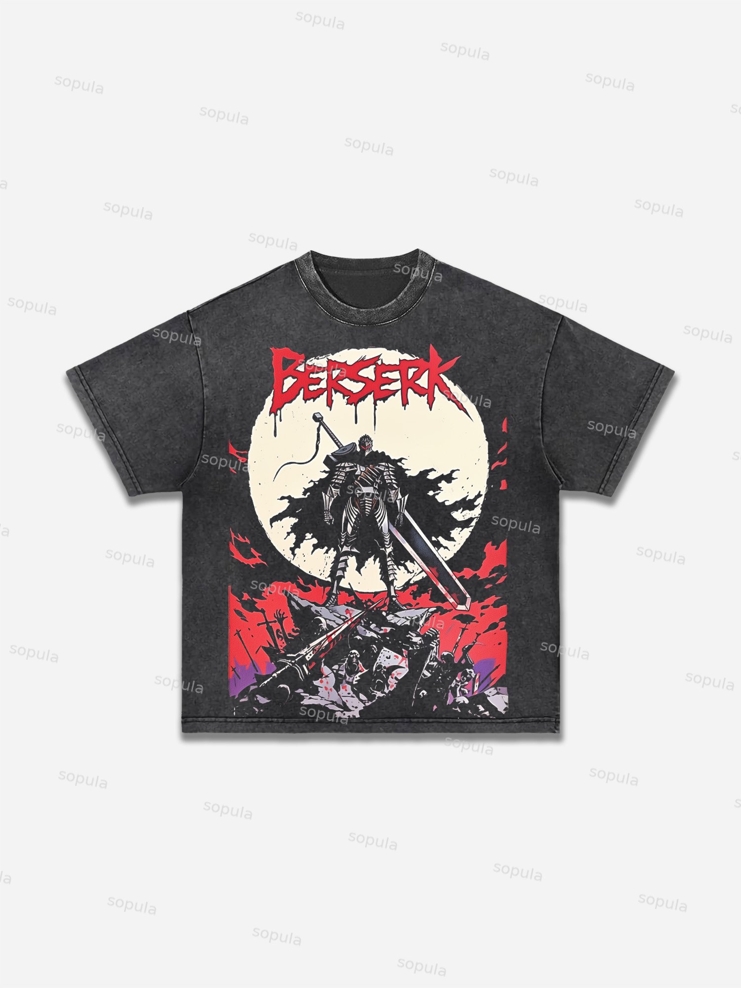 Berserk Black-clad Swordsman Comics Print Acid Wash T-shirt - SOPULA