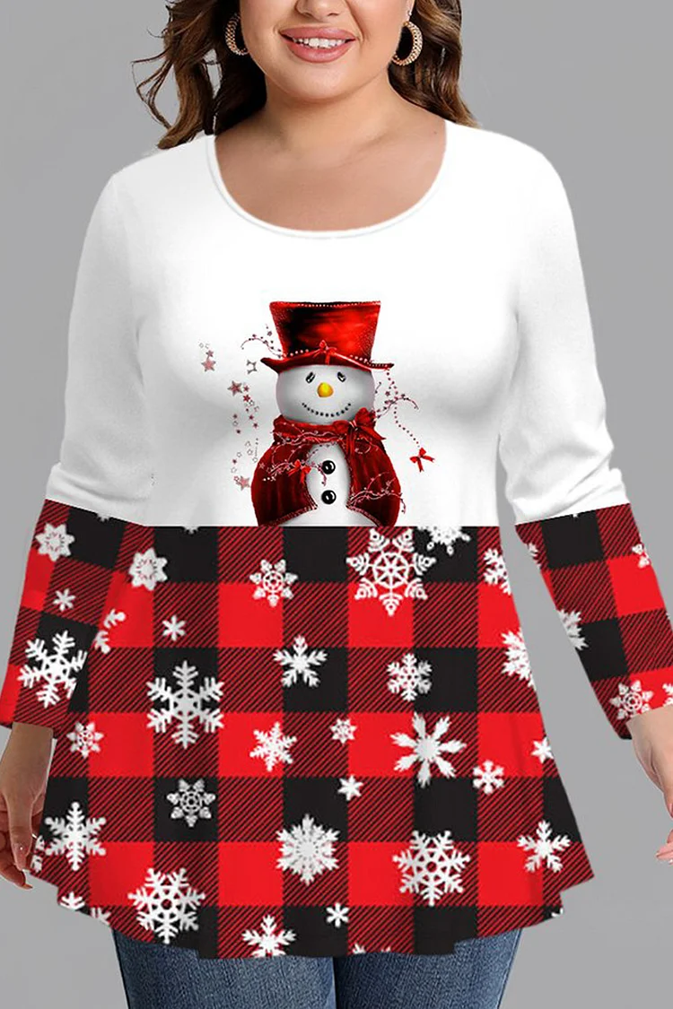 Flycurvy Plus Size Christmas Casual Red Plaid Snowflake Snowman Print Long Sleeve T-shirts  Flycurvy [product_label]