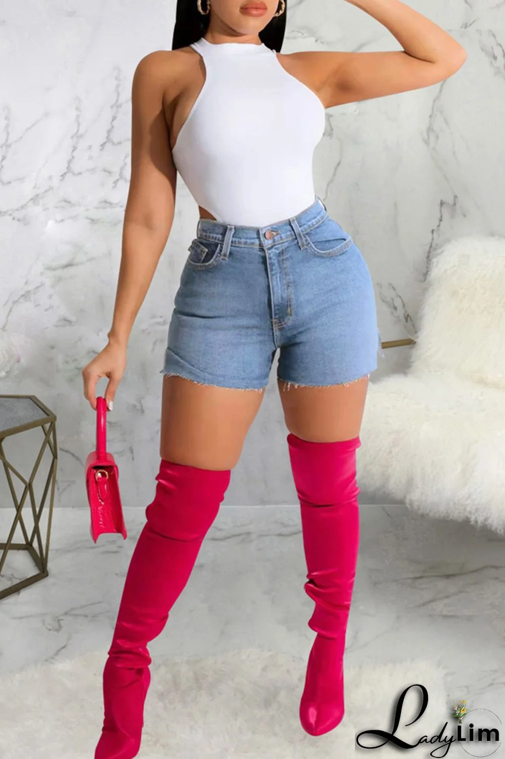 Blue Fashion Casual Solid Slit High Waist Regular Denim Shorts