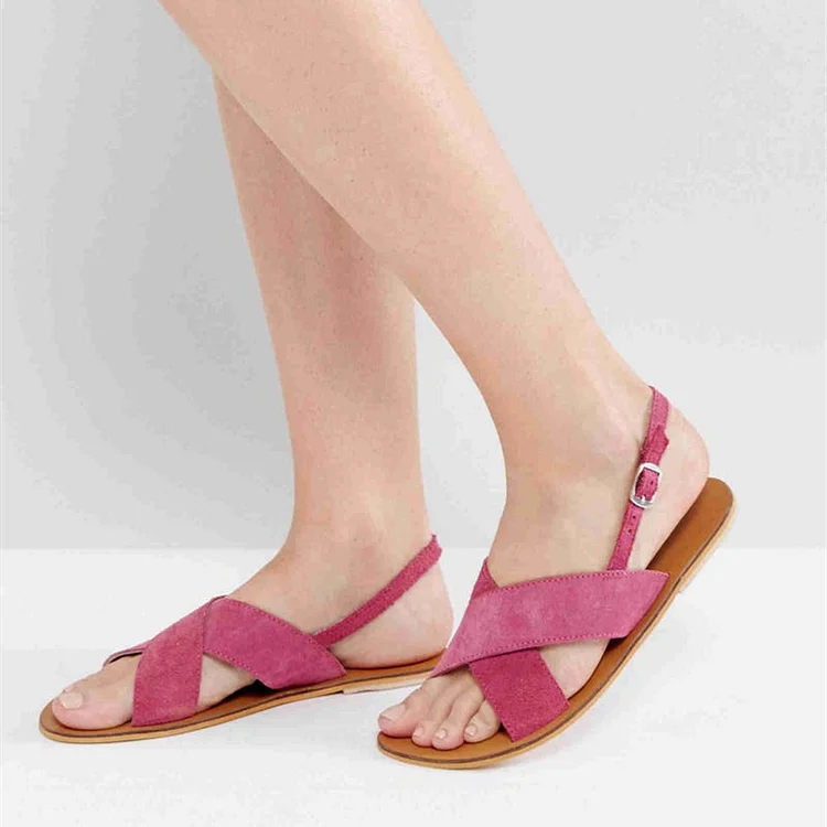 Pink Vegan Suede Cross over Slingback Shoes Flats Sandals |FSJ Shoes