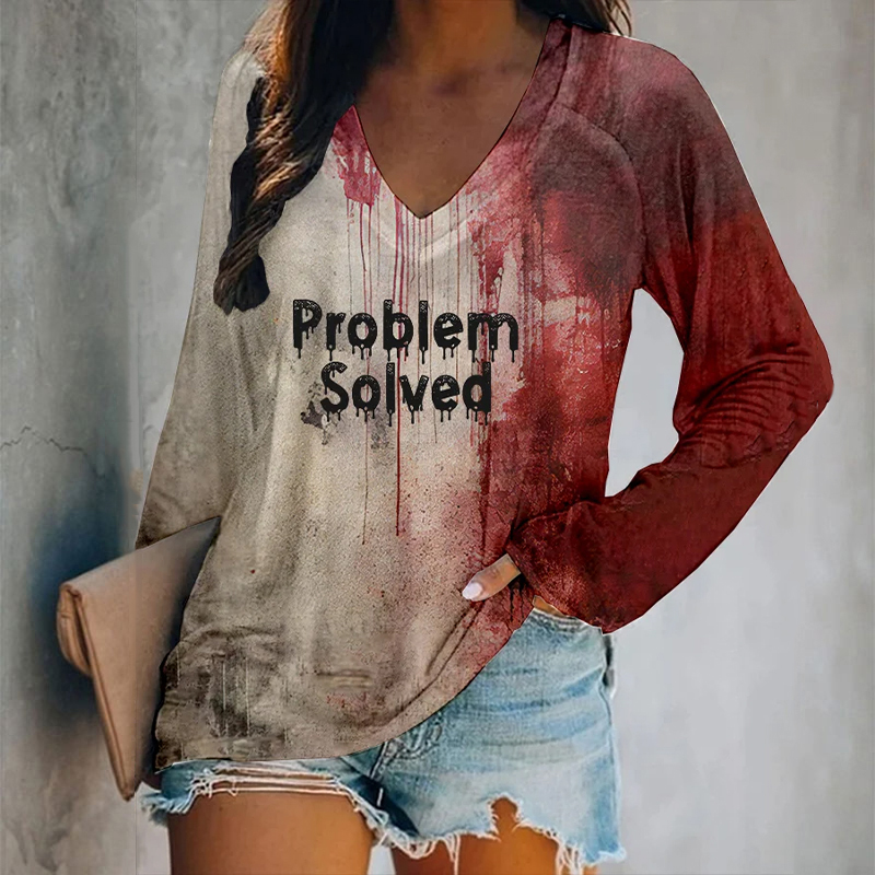 Women's Bloody Problem Solved Halloween Print V-neck T-Shirt wearshes