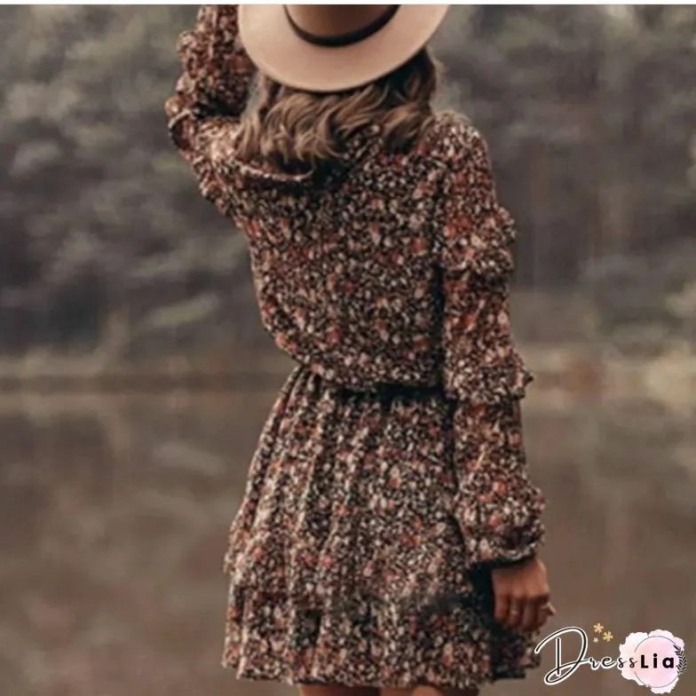 Fashion Floral Crewneck Cake Skirt Black Dresses