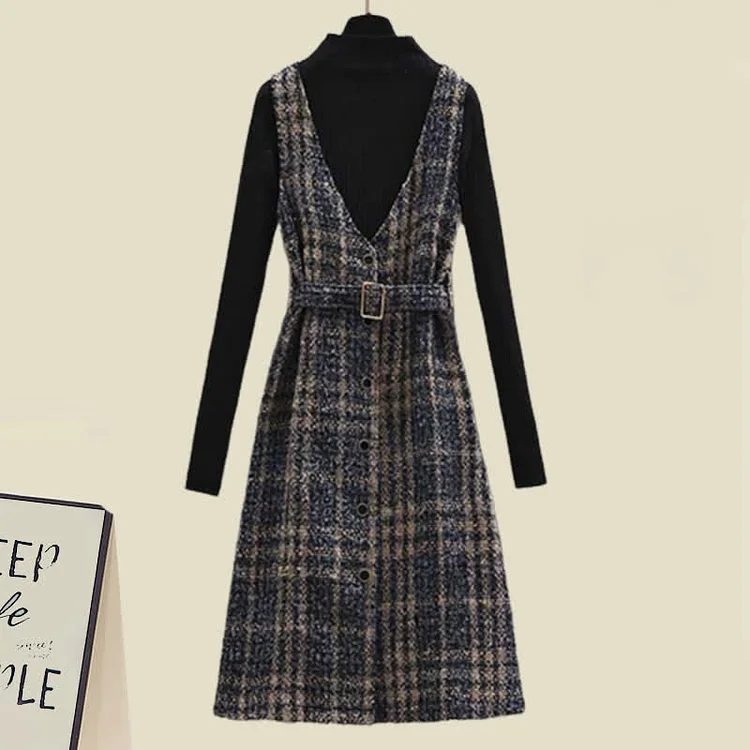 Sweater Plaid Print Belted Dress Set - Modakawa Modakawa