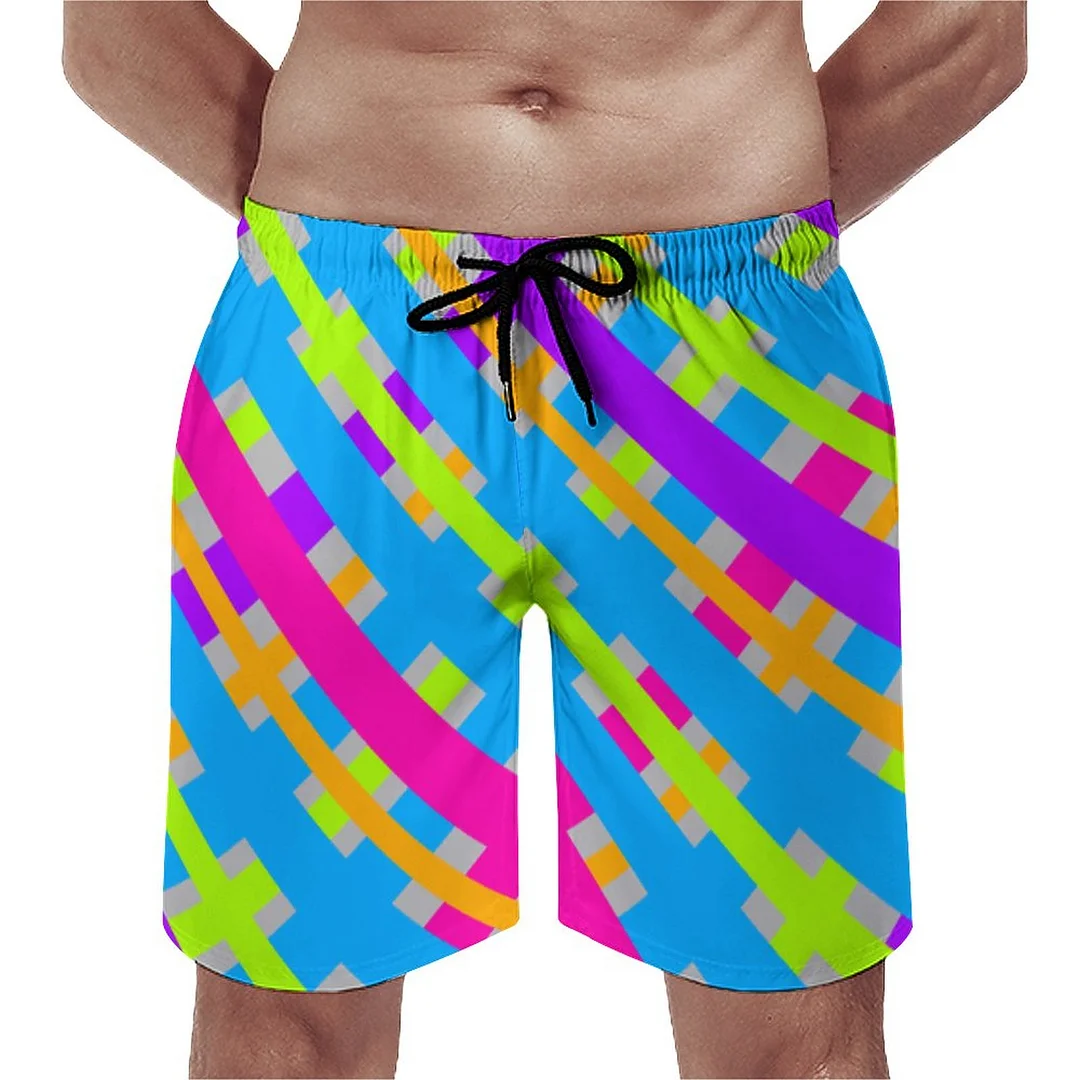 Abstract Modern Multicolor Neon Plaid Simple Geometric Triangle Men's Swim Trunks Summer Board Shorts Quick Dry Beach Short with Pockets
