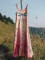Boho Dragonfly & Dandelion Embroidery Women's Camisole Maxi Dress