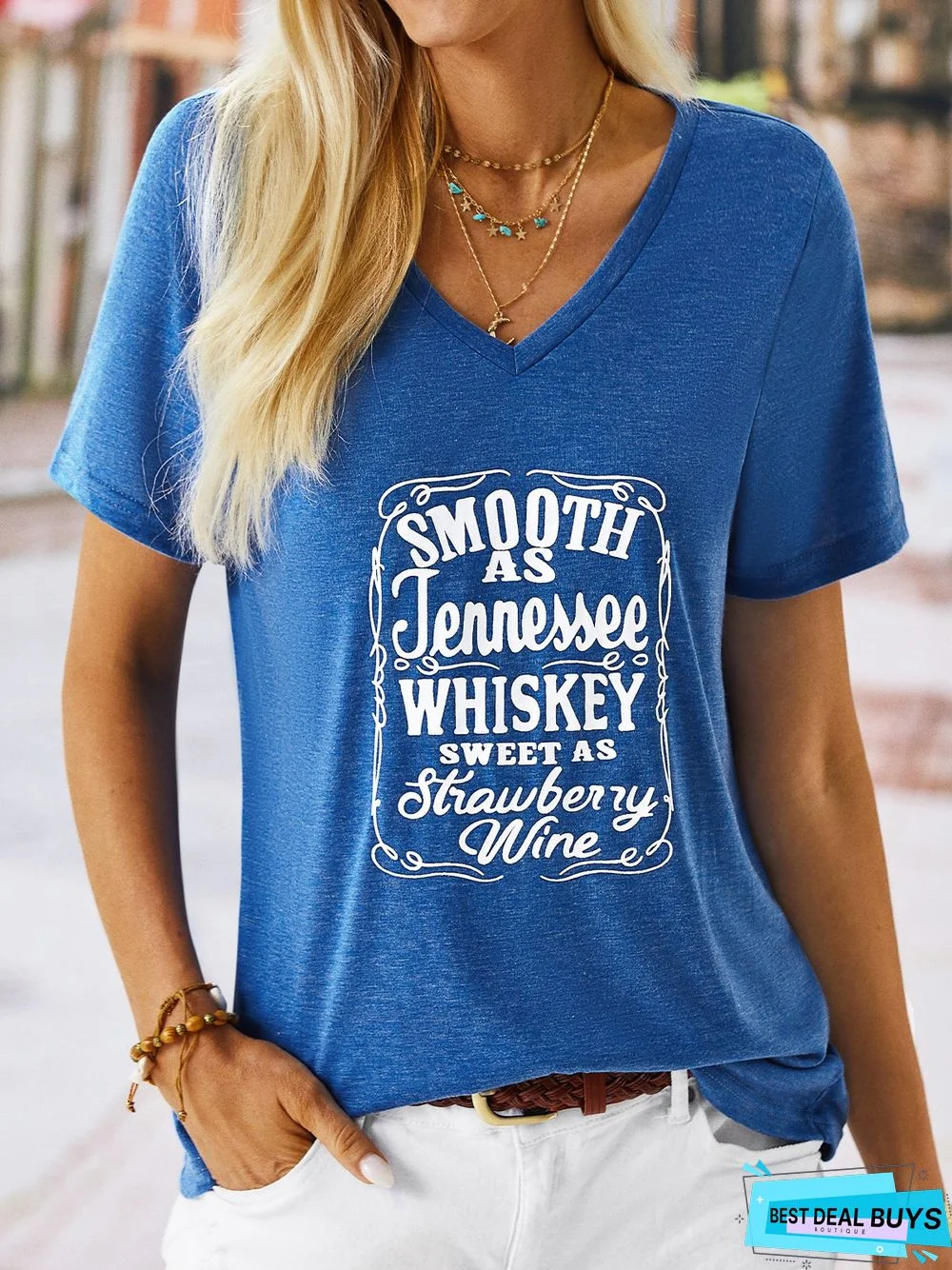 Letter Cotton-Blend Casual V Neck T-shirt