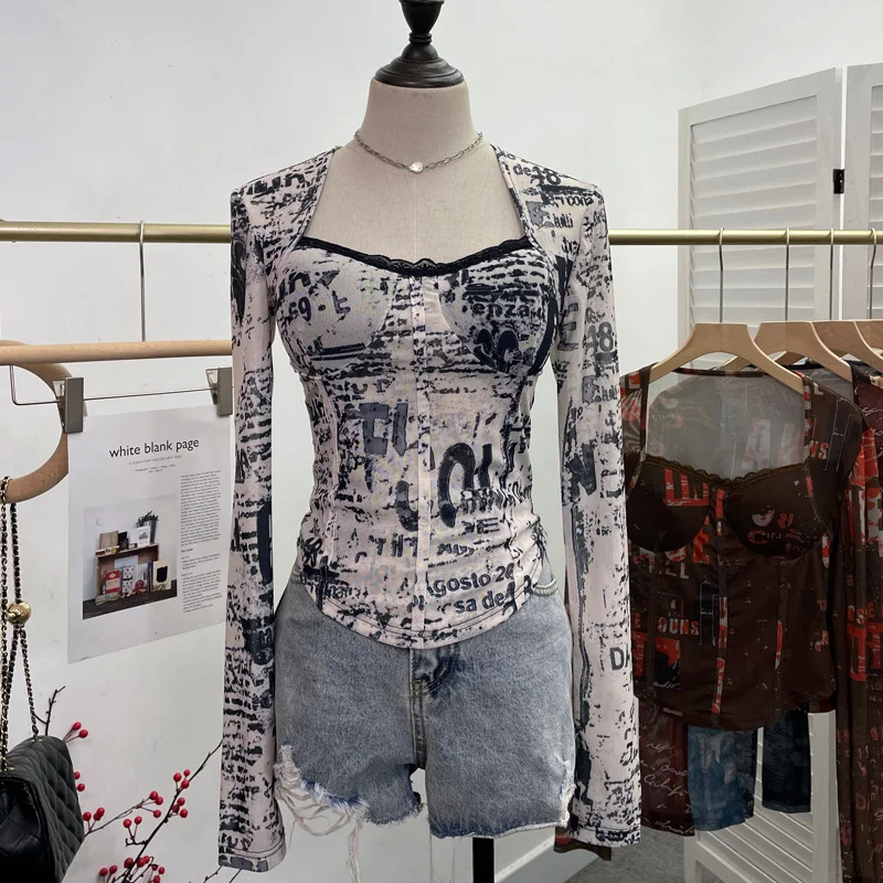 Zingj Quality Explosion Fang Lace Splicing Tie-Dye Mesh Long Sleeve Tight Babes With Chest Pads Short Top 1386
