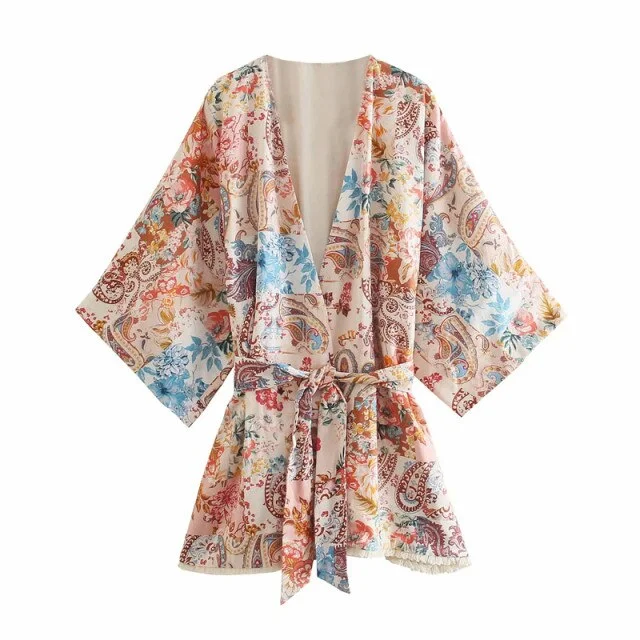 Kimono Patchwork Print Long Blouse