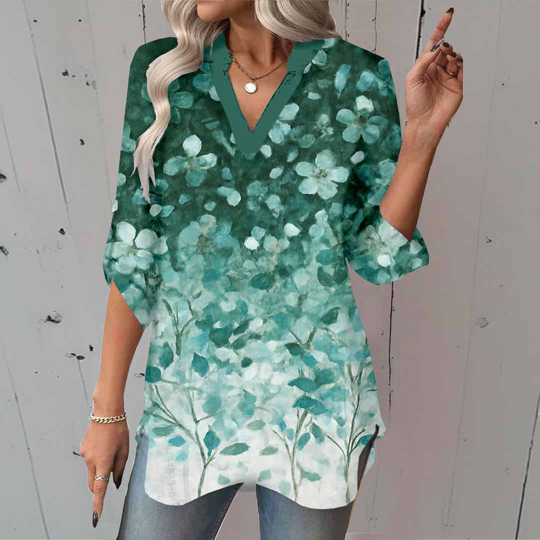 Women Floral,Green DZGA0025 3/4 Sleeve V-neck Printed Graphic Button Tops