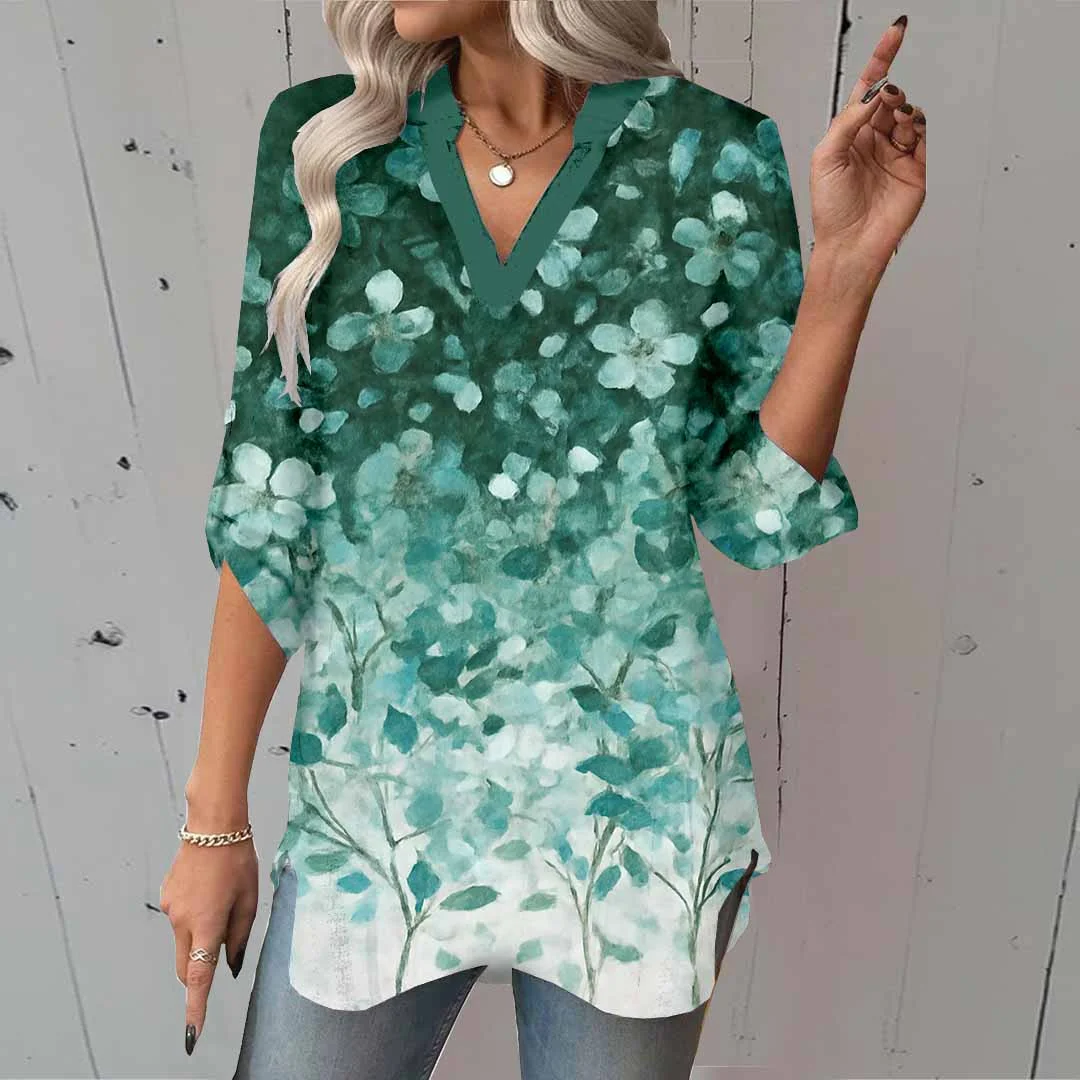 Women Floral,Green DZGA0025 3/4 Sleeve V-neck Printed Graphic Button Tops