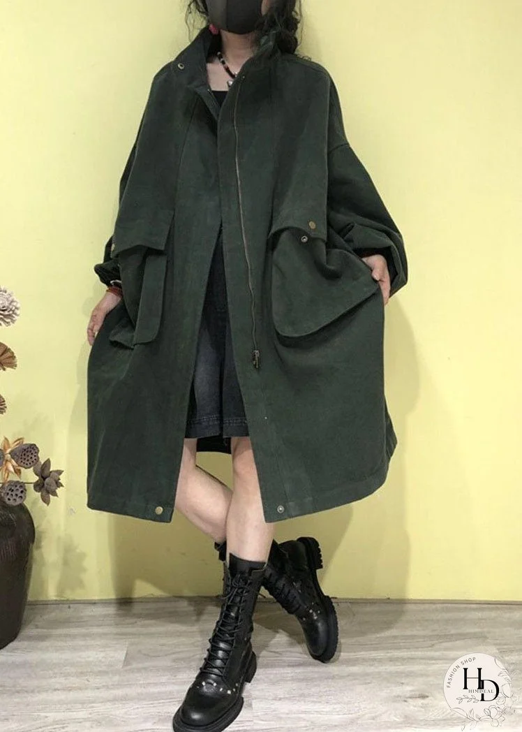 Plus Size Green Stand Collar Zippered Pockets Trench Coats Fall