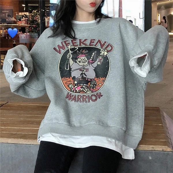 Women No Hat Hoodies Pullover Fake Two Pieces Plus Velvet Thicker Sweatshirts Printed Streetwear Harajuku Casual Loose Stylish