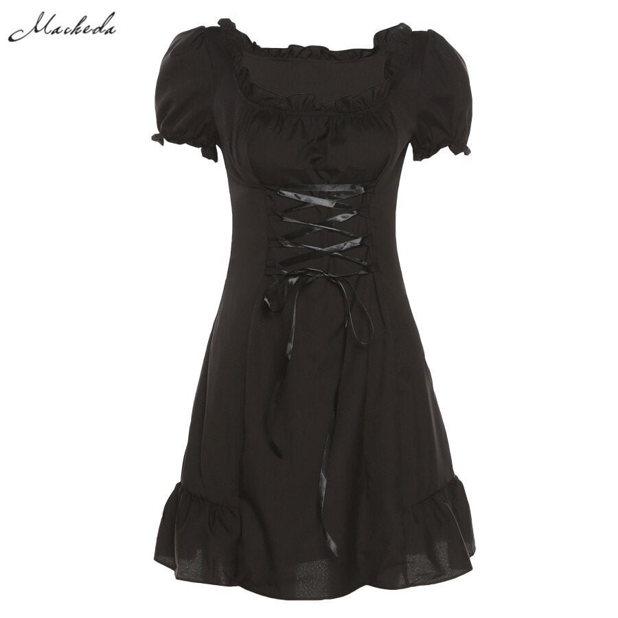 Macheda Fashion Women White Mini Dress Summer Puff Sleeve Ruffles Casual Cute French Romantic Solid A-Line Dress Lady 2020 New