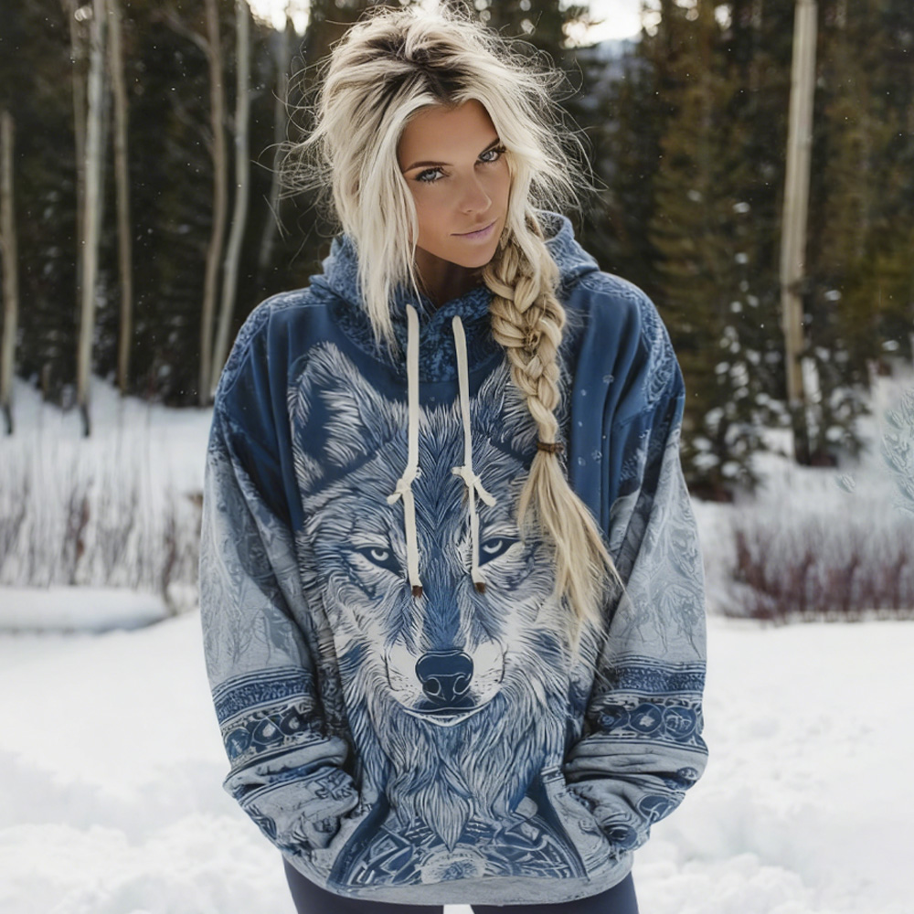Women's Viking Celtic Knot With Wolf Head Art  Hooded Sweater elevenforest