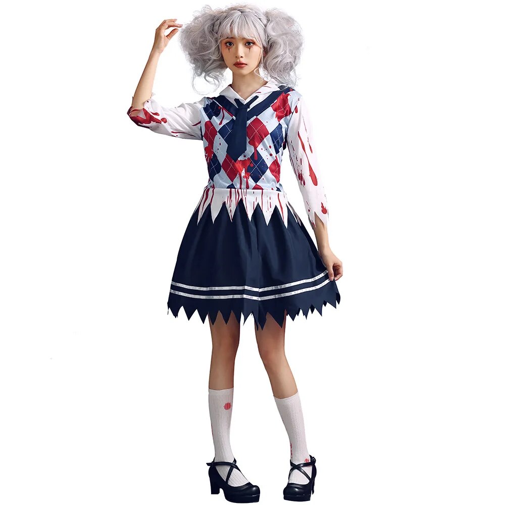 [Wetrose] Halloween Bloody JK Cosplay Costume Zombie Vampire Poker Skirt for Women Kids Kid Set Party Carnival Ripped