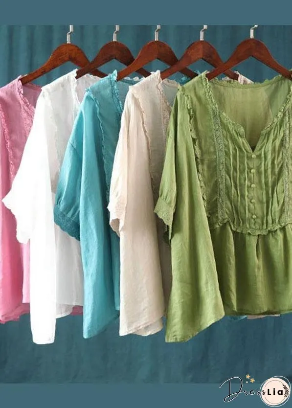 Stylish Green Wrinkled Button Summer Linen Shirt Half Sleeve