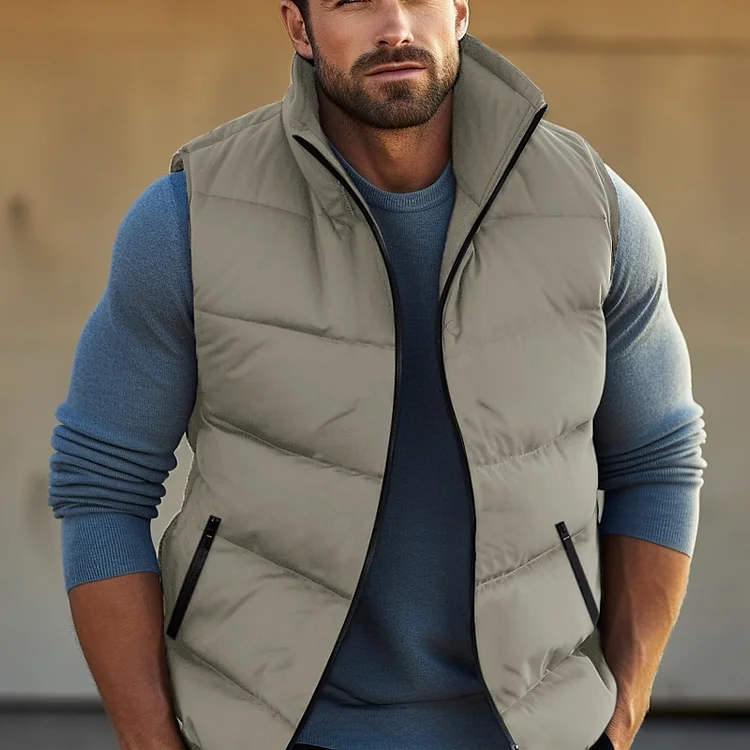 Men's Casual Daily Stand Collar Zipper Pocket Sleeveless Plain Down Vest