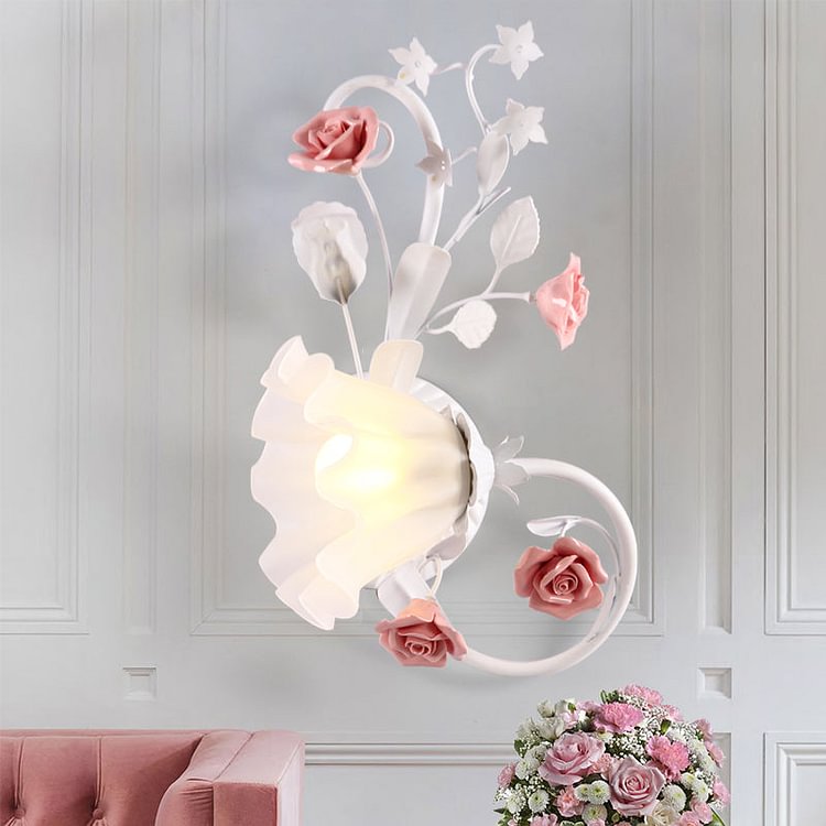 Countryside Scalloped Wall Lighting 1 Bulb White Glass Wall Mounted Lamp with Pink Rose for Bedroom, Left/Right