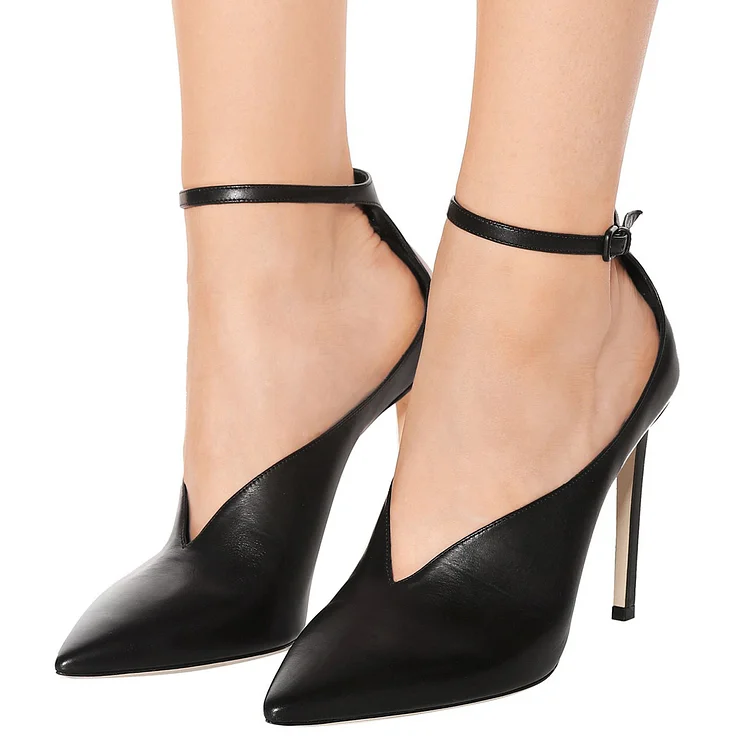 Black Pointy Toe Stiletto Heels Ankle Strap Heels Office Shoes |FSJ Shoes