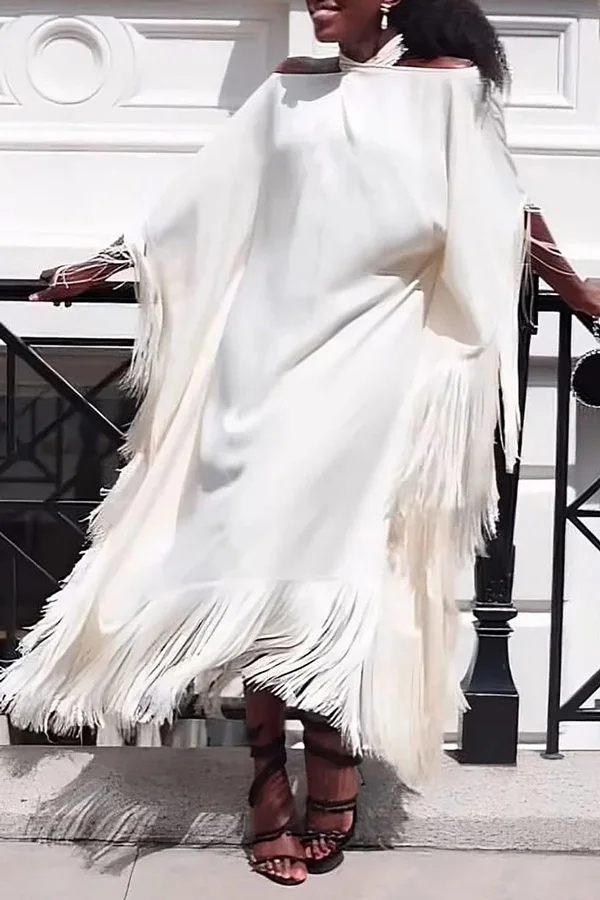 Glamorous Halterneck Fringed Off-The-Shoulder Solid Color Maxi Cape Dress