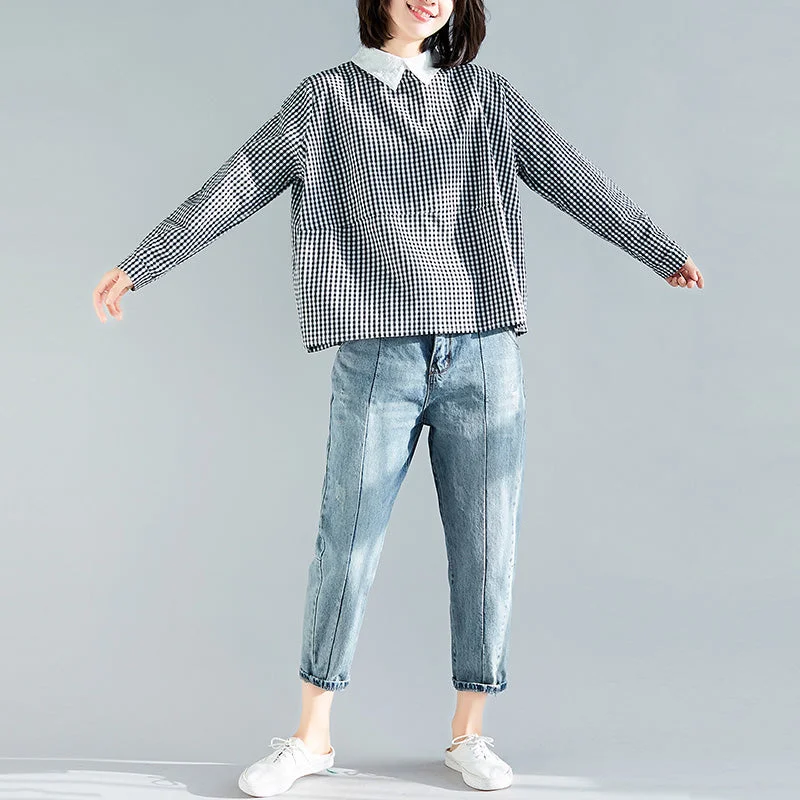 Elegant black plaid cotton clothes boutique Fabrics pullover silhouette spring blouse