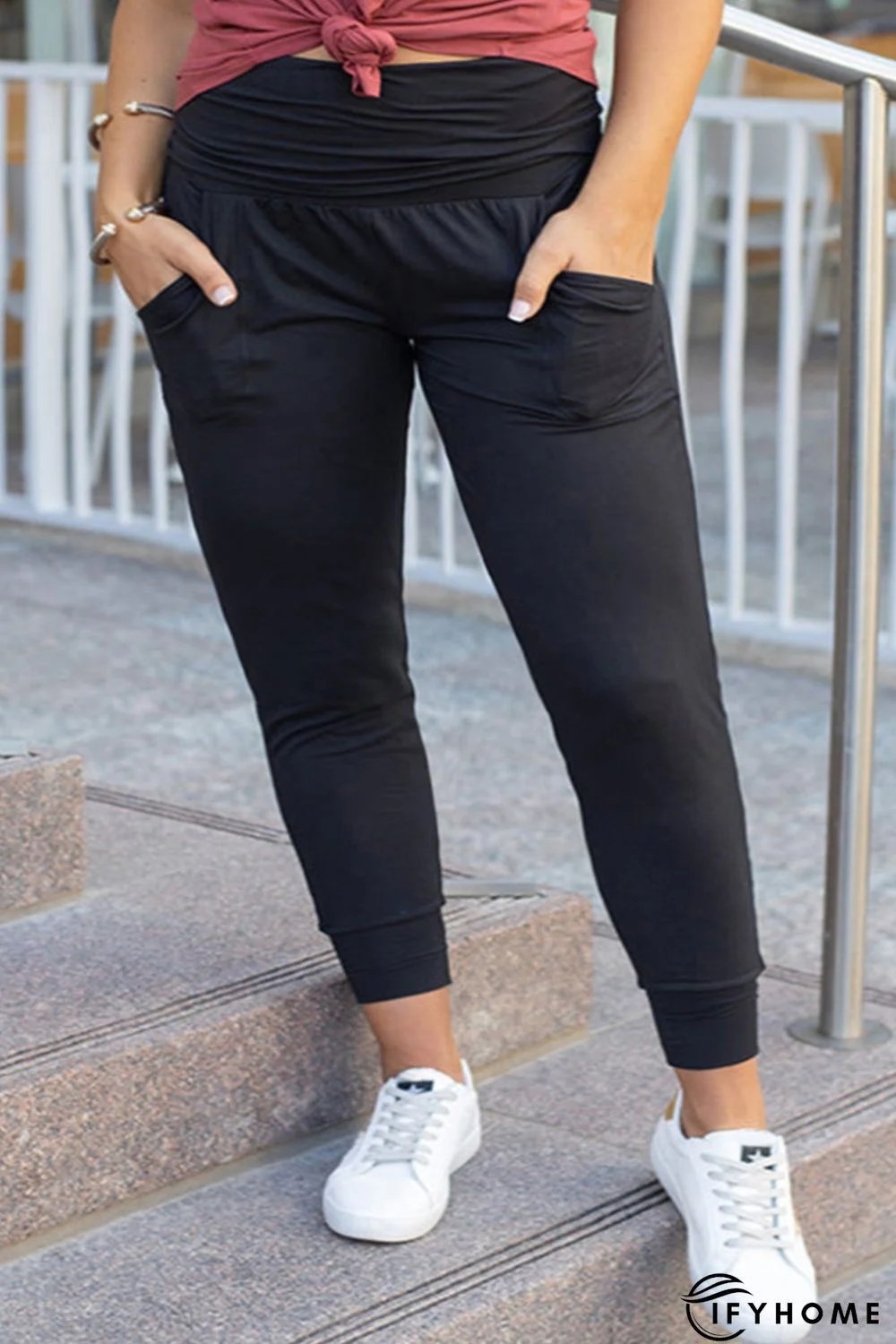Black Plus Size High Waist Pocketed Skinny Pants | IFYHOME