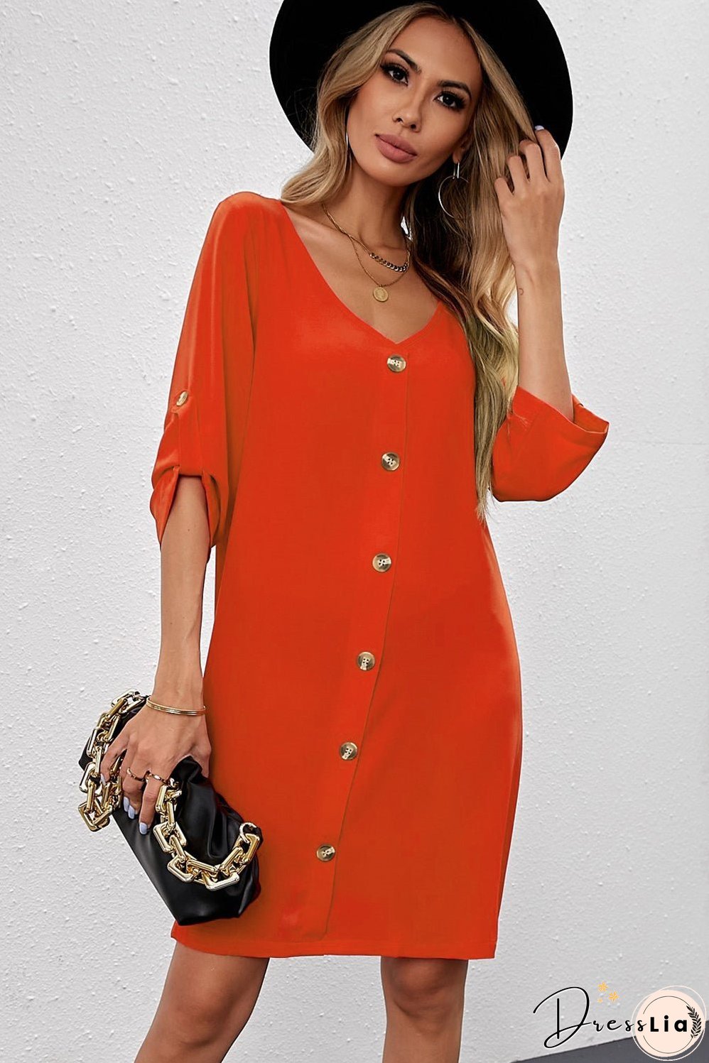 Buttoned V-Neck Dress