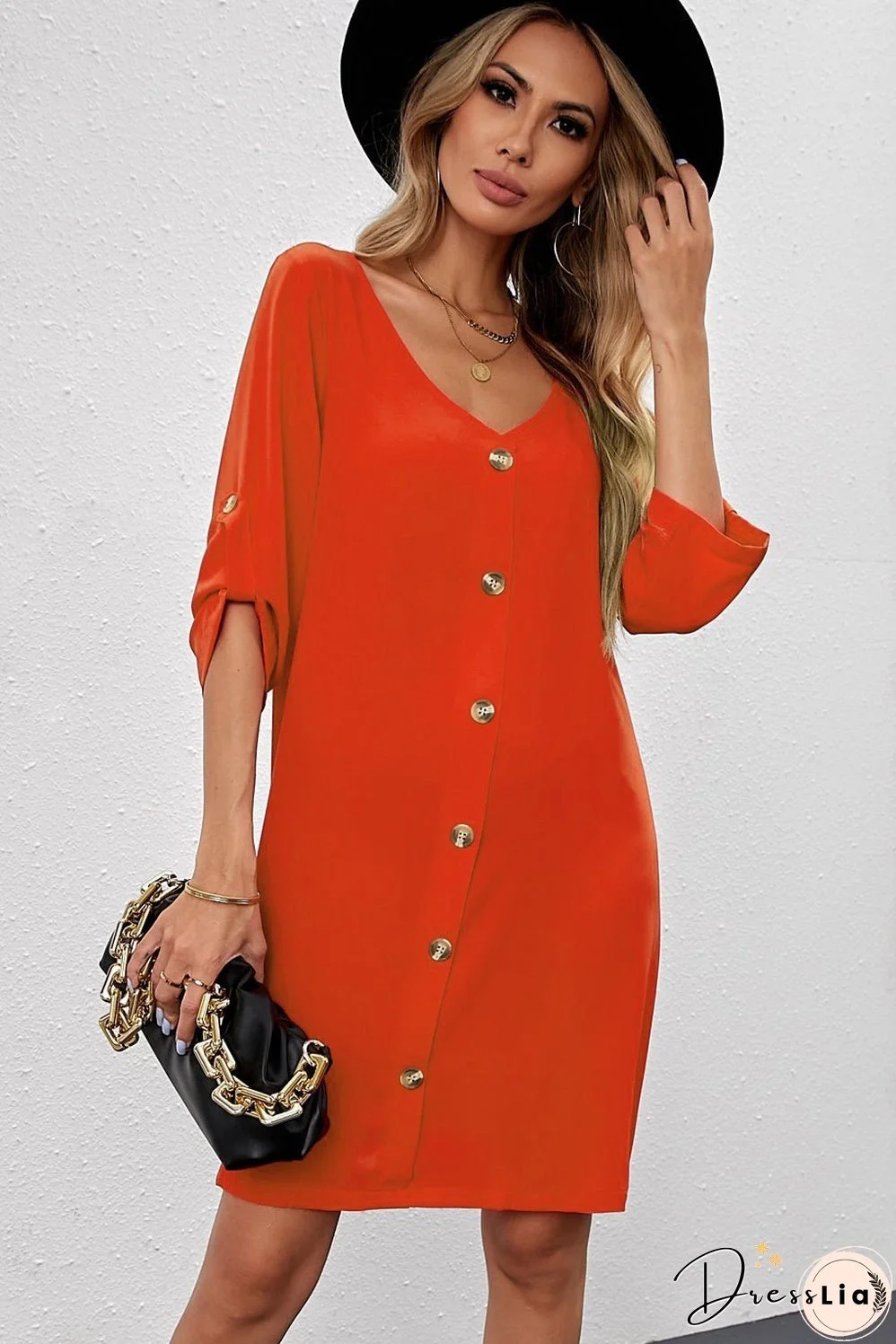 Buttoned V-Neck Dress