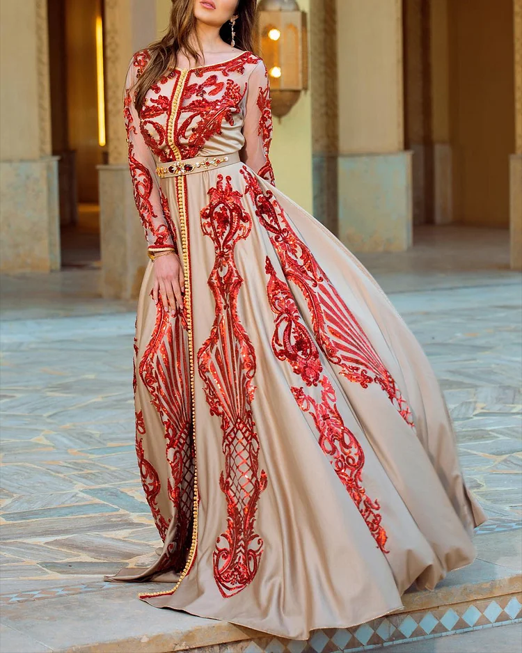 Women's Round Neck Long Sleeve Embroidered Kaftan Dress